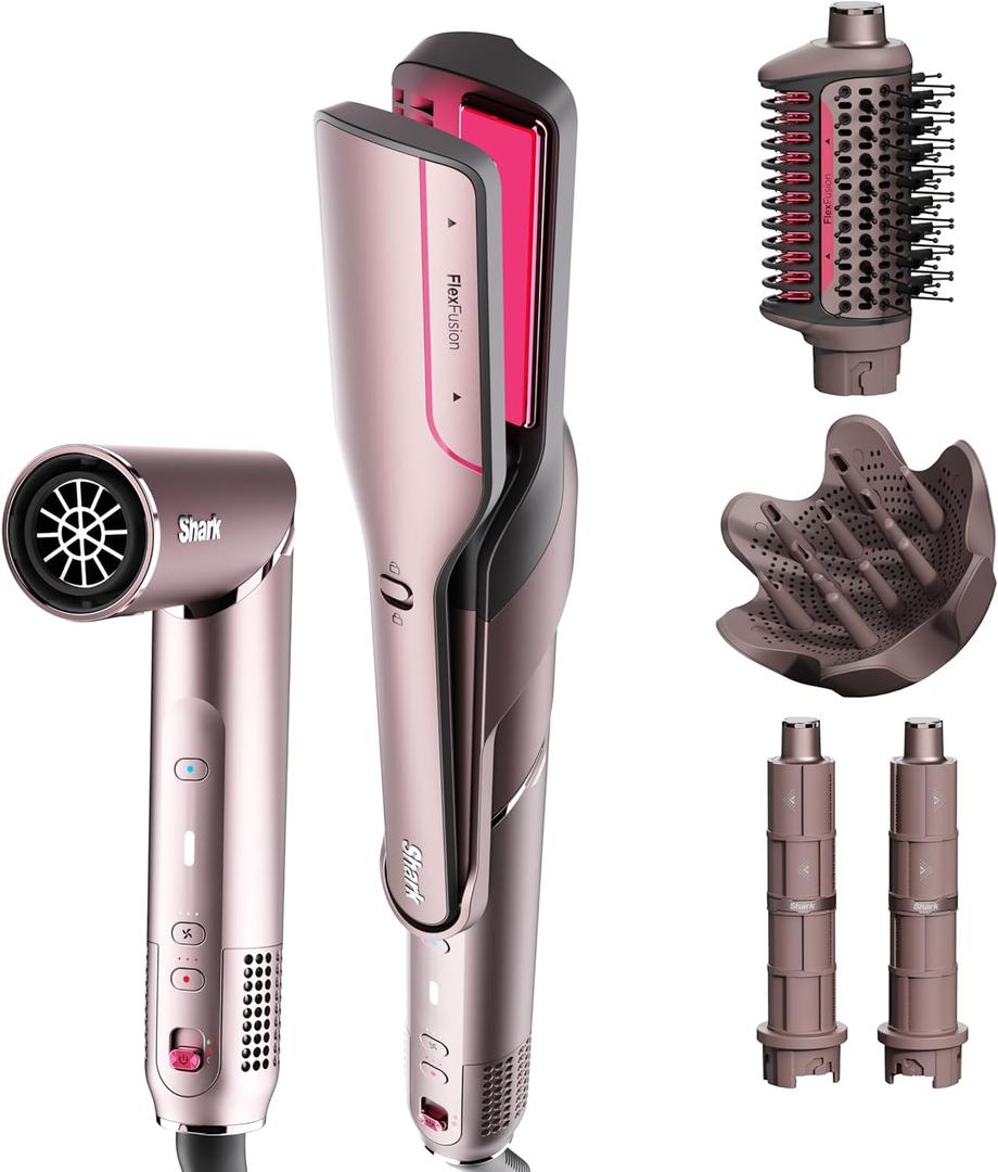 Shark FlexFusion Hair Straightener & Powerful Dryer with Diffuser, Fusion Hair Brush, Ceramic Air Styler with Auto-Wrap Curlers, Ceramic Plates, Cosmic Blush HD642S