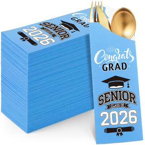 Ireer 100 Pcs Paper Silverware Bags Utensil Holders Sleeves for Graduation Party Table Decoration Centerpiece(Dark Blue)