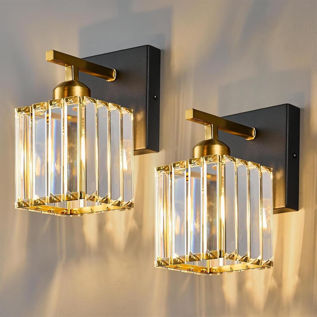 Modern Wall Sconce Set of Two Indoor Wall Lamp Black Gold Wall Sconces Crystal Wall Light Bathroom Vanity Light Fixtures Wall Mounted Room Sconce Wall Lighting (2-Pack)