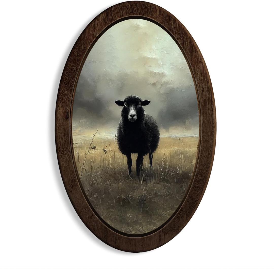Dilemat Vintage Black Sheep Oval Wall Art Decor, Rustic Farmhouse Sheep Framed Wall Art, Cottagecore Country Farm Animal Oval Wall Hanging Decorations for Home Bedroom Living Room Decor, 14.56x9 Inch