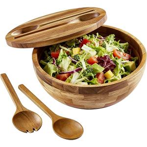 ECWAY Acacia Wooden Salad Bowl with Lid, Built-in Acacia Wood Utensils, 10.5" Large Wood Serving Bowls for Fruits, Salad, and Vegetables, Big Wood Salad Bowls Set 4-Piece, All-in-One Design