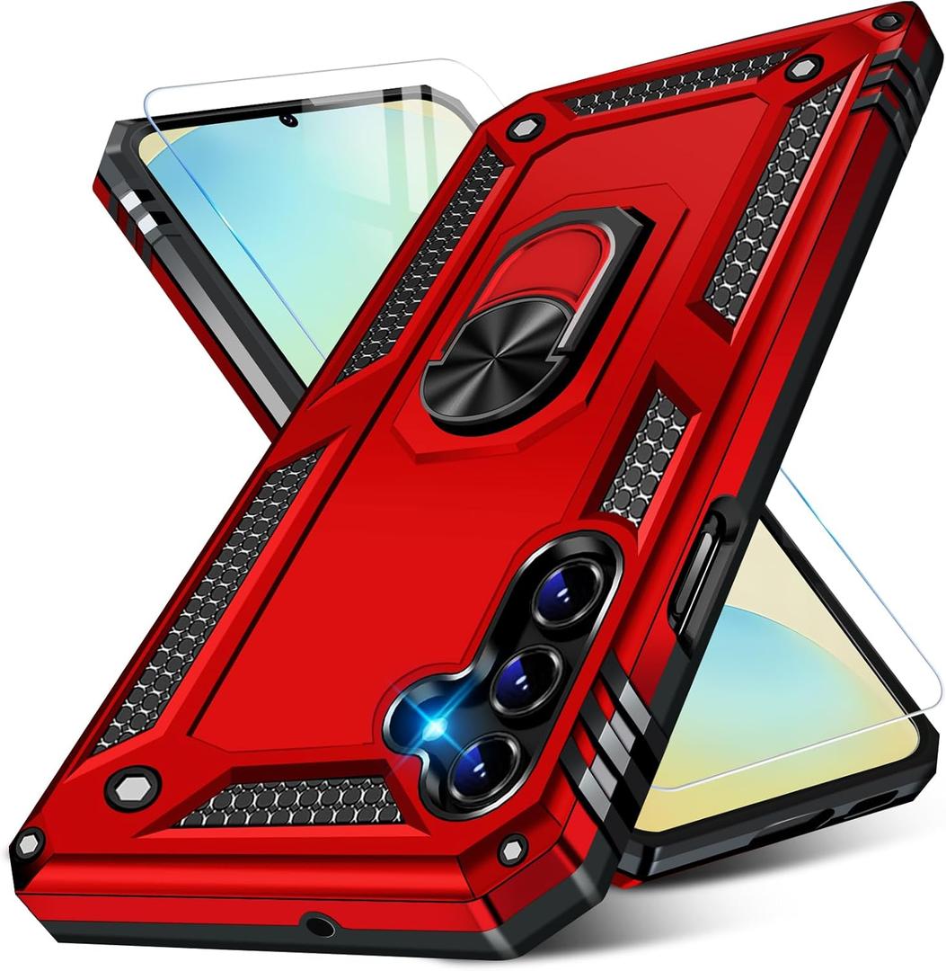 for Samsung Galaxy S24 FE Case with Screen Protector, Military Grade Rugged Shockproof Galaxy S24 FE 5G Heavy Duty Protective Cover for Samsung S24 FE Magnetic Ring Kickstand Phone Case (Red)