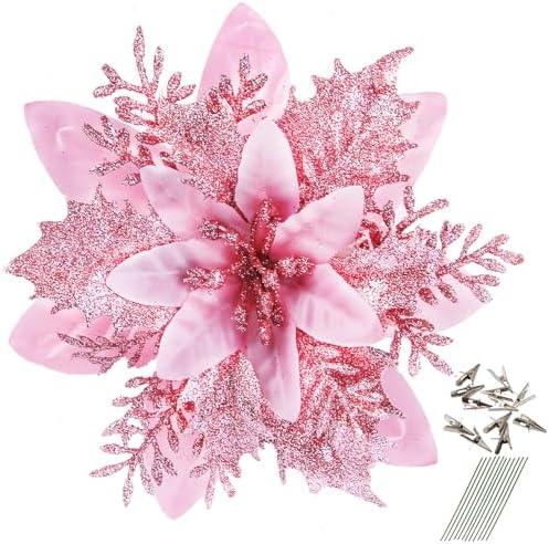 GREENTIME 12 Pcs Pink Glitter Poinsettia 5.5" Artificial Flowers Christmas with Clips Stems Xmas Tree Ornaments for New Year Stairs Fireplace Porch Balcony Garden Church Wreath Decoration (Pink)