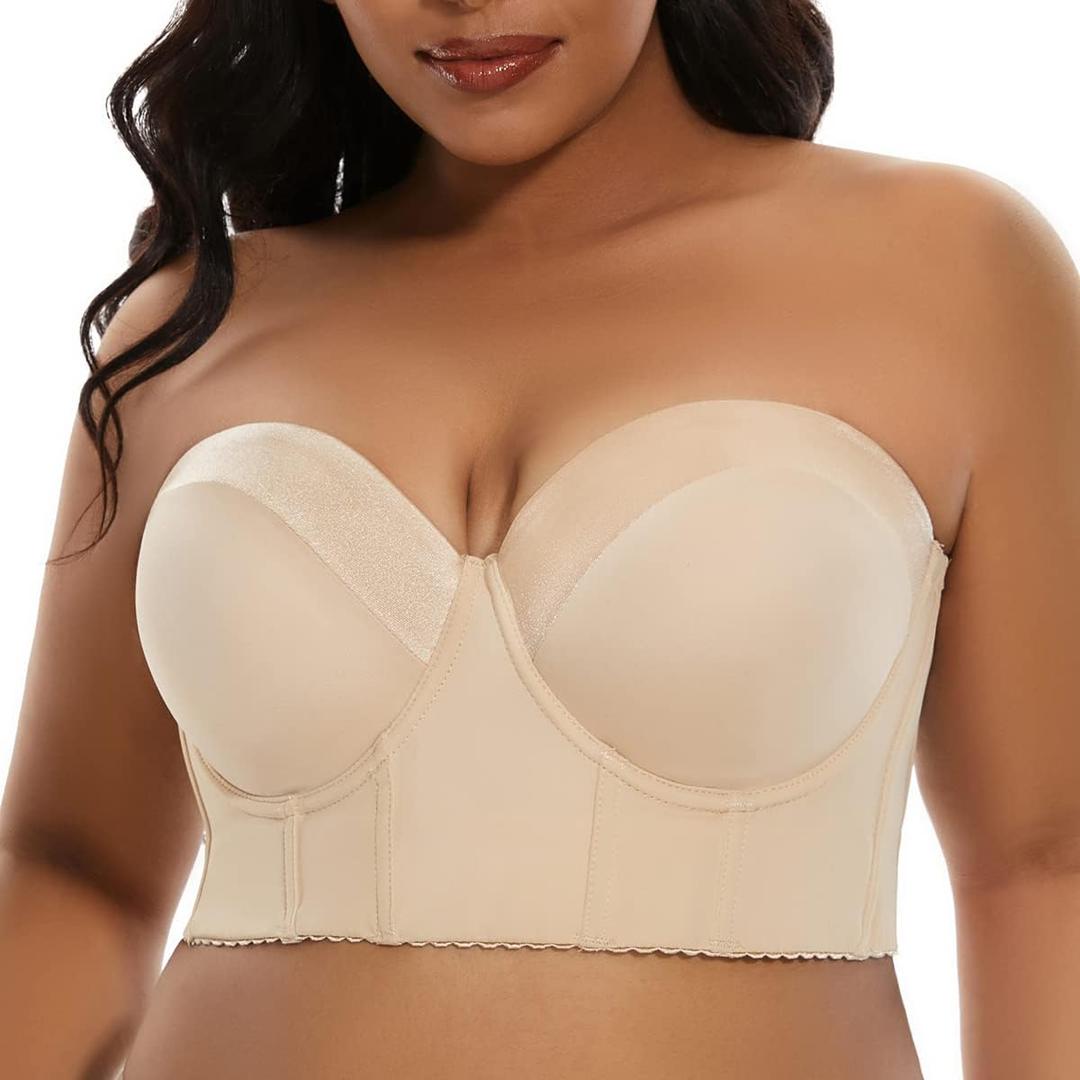 SEA BBOT Women Longline Strapless Bra Full Coverage Corset Bra Hide Back Fat (40DD, Light Beige)