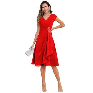 OFEYCHUN Lace Chiffon Mother of The Bride Dress Red Cap Sleeves Formal Dress Ruffle Evening Gowns Size 12