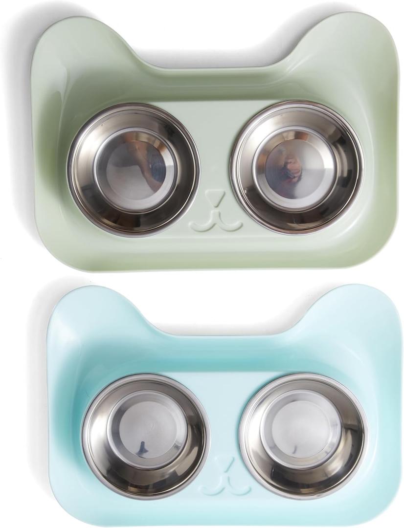 Cat Food Ant Barrier Bowl Tray, 2-Pack Two Colors Ant Proof Cat Food Bowls with Water Moat Design, 304 Stainless Inserts, 360 Bowl Stand Feeding Station, Easy-Clean Tray, Indoor/Outdoor