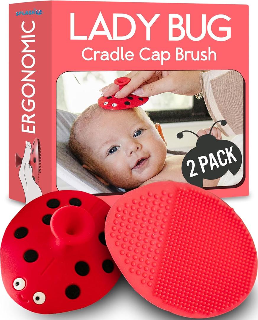 2 x SplashEZ Cradle Cap Brush for Babies | Soothing Newborn Head Massager | Food-Grade Soft Silicone Baby Bath Brush & Scalp Scrubber | Infant Cradle Cap Comb - Organic Shape & Ladybug Design, 2-Pack