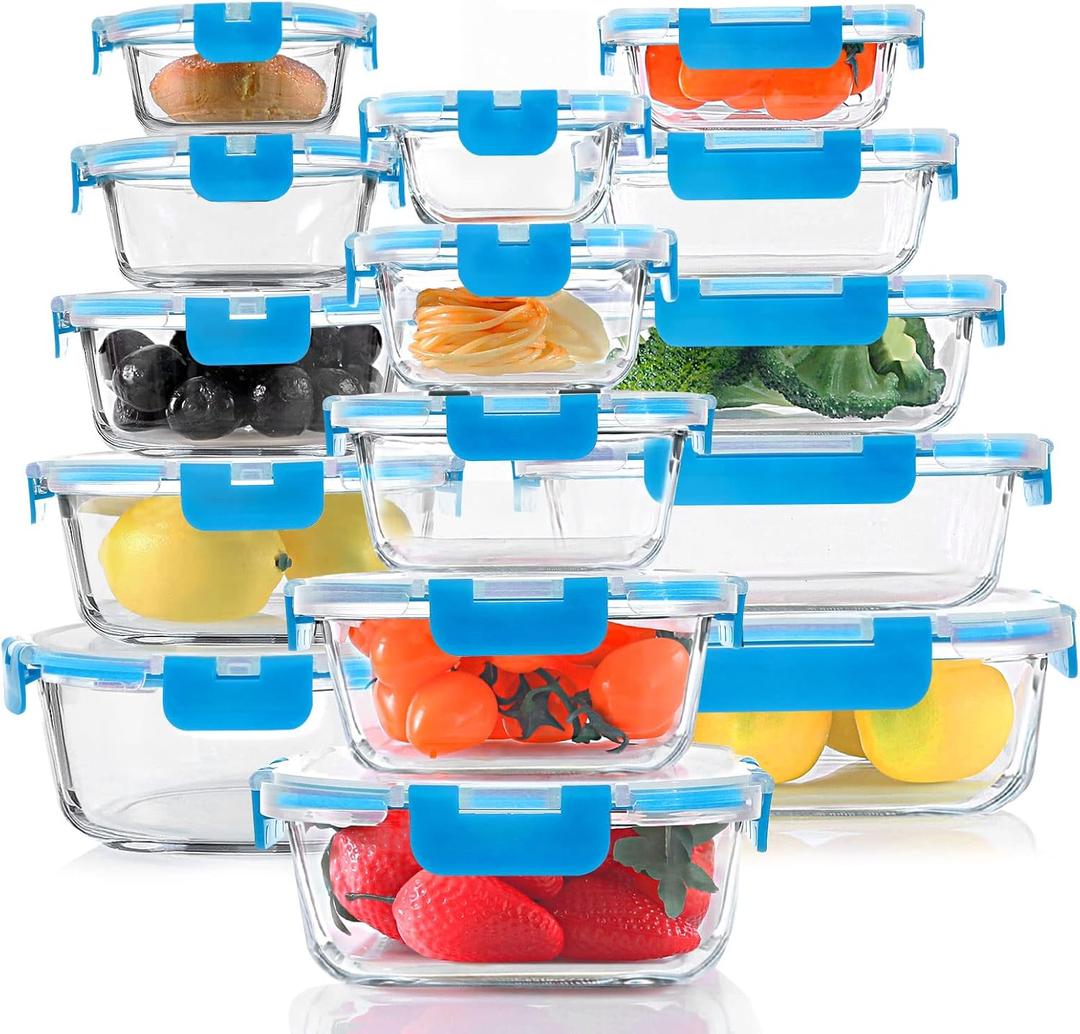 30 Pieces Glass Food Storage Containers, Meal Prep Set with Snap Locking Lids, Airtight lunch Containers, BPA-Free, Microwave, Oven, Freezer & Dishwasher Friendly, Blue