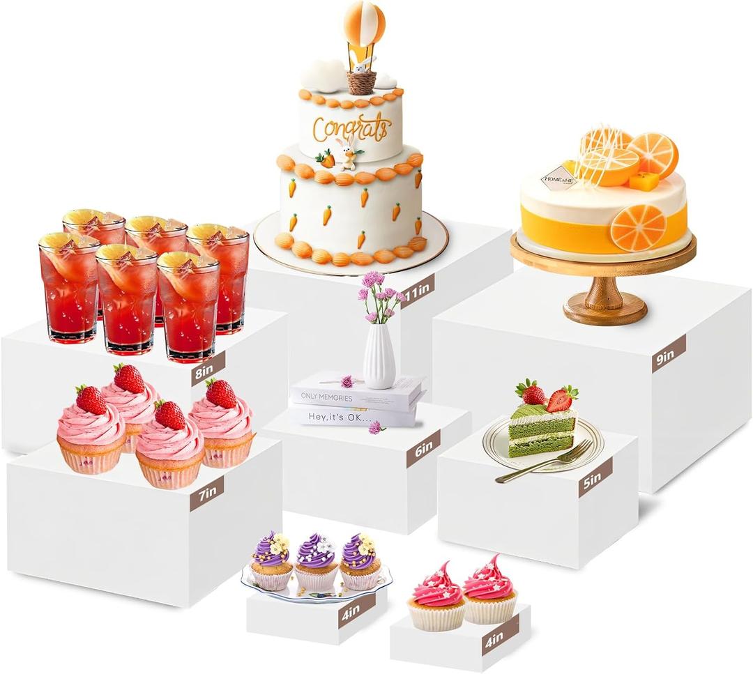 8 Pcs Acrylic Display Risers Set, 11" White Buffet Stands for Desert Food Table Display Catering Jewelry Figures Show( 4" 4" 5" 6" 7" 8" 10" 11")