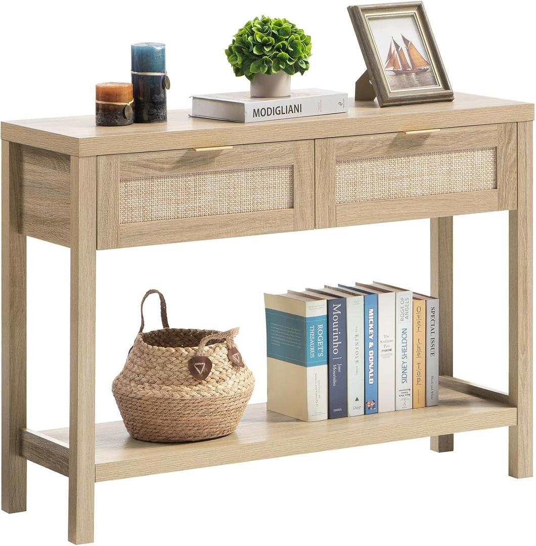 SICOTAS Rattan Console Table for Entryway - Boho Entryway Table with Storage and Drawers, Small Entry Tables for Hallway Behind Couch Table Sofa Table, 1 Piece
