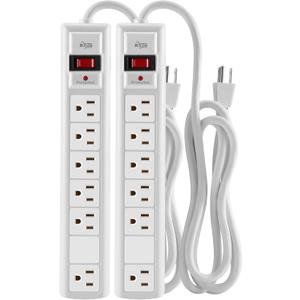 KMC 6-Outlet Surge Protector Power Strip, 2-Pack, 1200 Joules, 6ft Cord, Adapter Spaced Outlet, Overload Protection, White