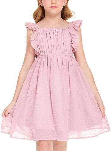Flypigs Girls Ruffle Sleeve Swiss Dot Dress Stretchy A-Line Flutter Sleeve Casual Dress for Kids, 150