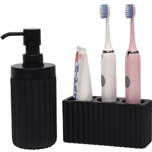 2PCS Bathroom Accessories Set with Large-Opening Ribbed Soap Dispenser and 3 Compartment Toothbrush&Toothpaste Holder,Resin Farmhouse Bathroom Decor Set Countertop Organizer-Matte Black