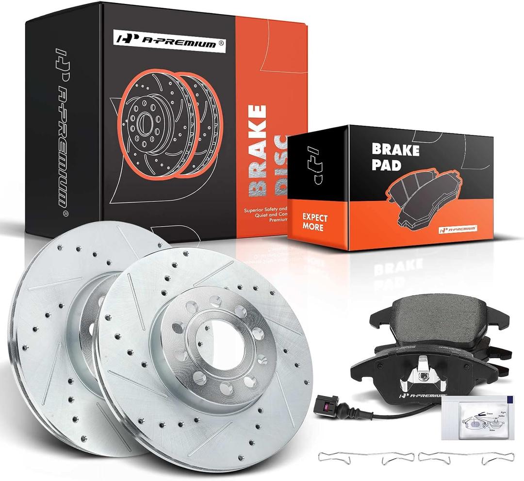 A-Premium 11.34 inch(288 mm) Front Drilled and Slotted Disc Brake Rotors+Ceramic Pads Kit Compatible with Audi and Volkswagen Models - Jetta 2005-2014, A3/A3 Quattro 2009-2010, EOS 09-12, Golf 10-11