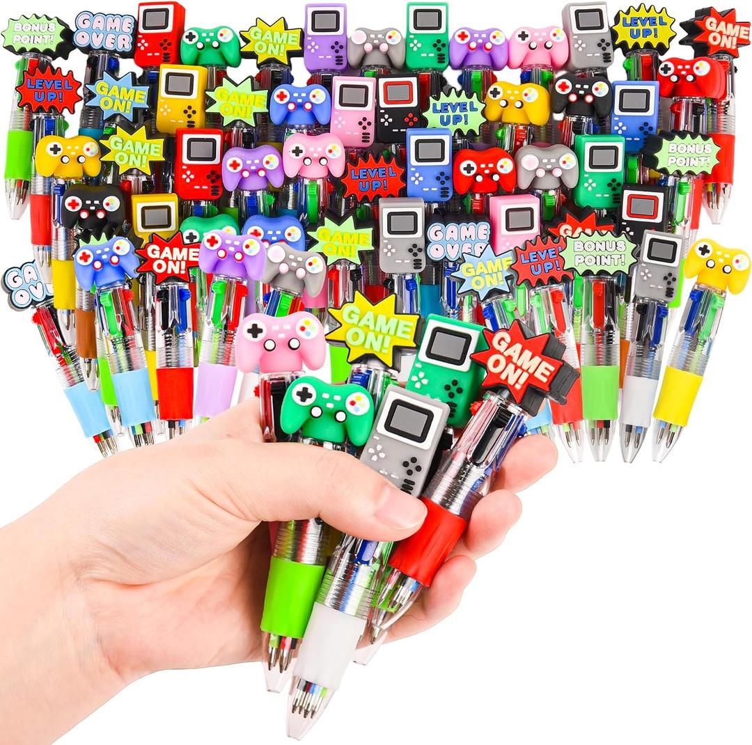 LiYiQ 50 Pcs Video Game Multicolor Pen in One Cartoon Cute Fun 4-in-1 Cute Pens Bulk Kawaii Game Handle Level Up Games Console Shape Cool Ballpoint Pens for Kids Fun Gifts