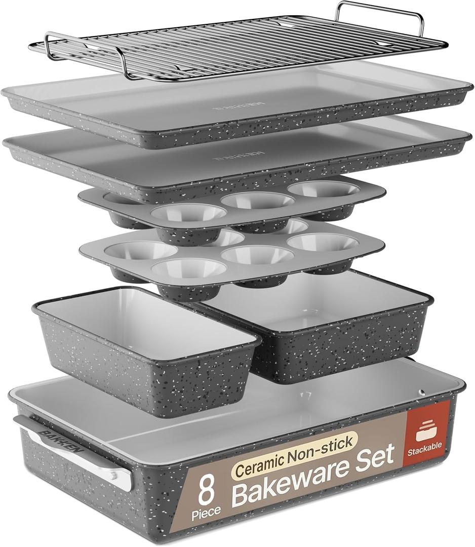 Bakken 8-Piece Stackable Bakeware Set - Ceramic Non-Stick Coating, Baking Sheets, Assorted Baking Pans, PTFE, PFOA & PFOS Free - Healthy Baking, Ergonomic Handles, Cooling Rack, Non-Toxic, Oven-Safe (Gray Marble)