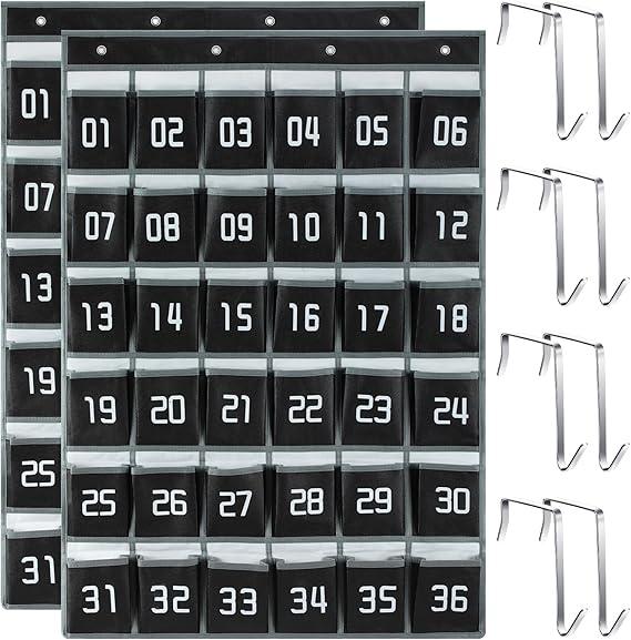 Panelee 2 Pcs 36 Numbered Pocket Chart Cell Phone Pocket Holder for Classroom Sundries Closet Hanging Organizer Wall Door Holder for Calculator Storage Office Supplies (Black and White)