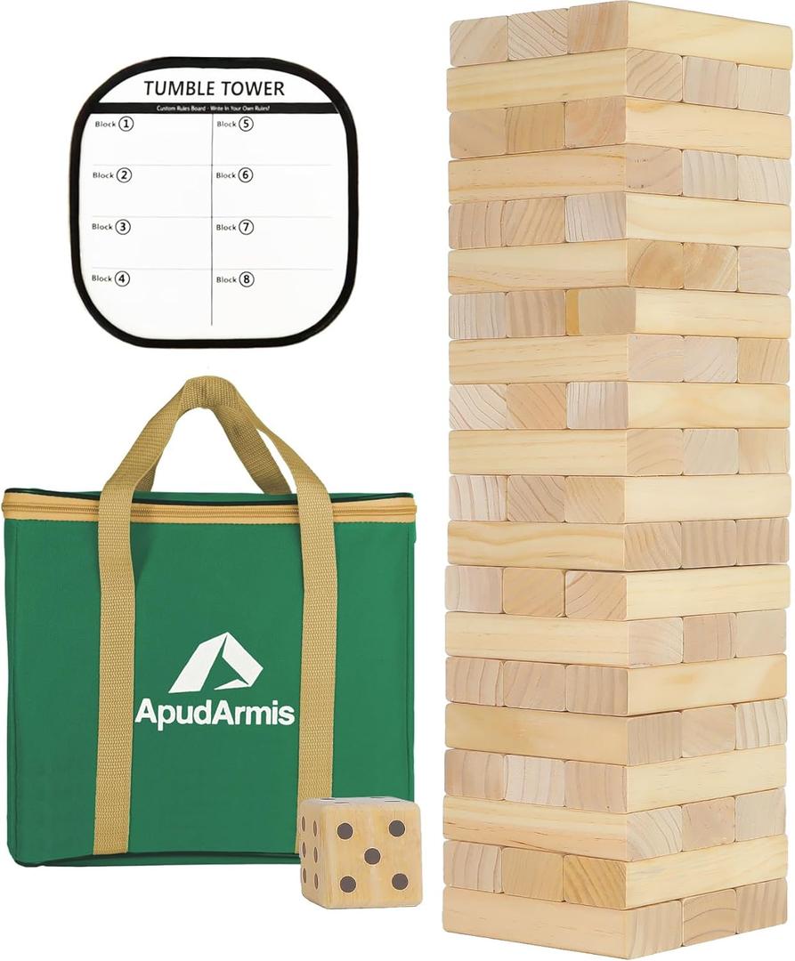 ApudArmis Giant Tumble Tower Stack to Over 5.2Ft, 60 PCS Pine Wooden Stacking Timber Tower,Classic Block Giant Outdoor Indoor Game for Adults, Fun Game at Backyard, Lawn, Party with Family & Friends, XL-Over 5 FT