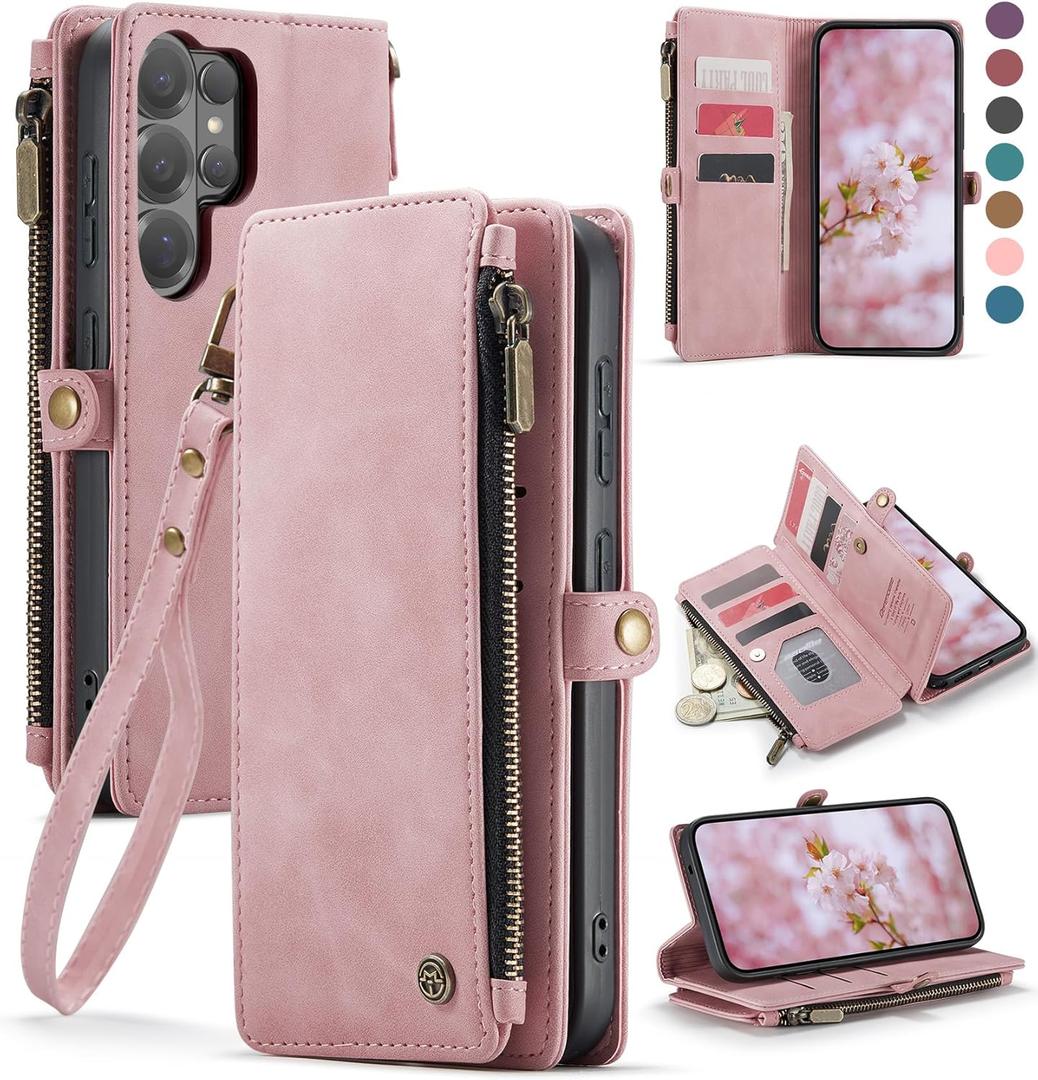 Defencase for Galaxy S26 Ultra Case Wallet with RFID Blocking Card Holder for Women Men, PU Leather Magnetic Snap Flip Wristlet Strap Zipper Wallet Phone Cases for Samsung Galaxy S26 Ultra 6.9", Pink