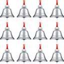 Sratte 24 Pack 1.5 Inch Christmas Bells Ornament Xmas Believe Jingle Decoration Silver Santa Sleigh Bell Christmas Printed Bell with Red Ribbon for Xmas Tree Home Decoration(Trumpet)