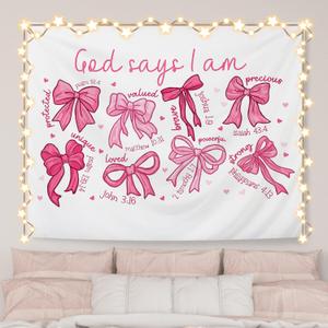 AQYIP Coquette Pink Bow Christian Tapestry Wall Hanging, God Says I Am Inspirational Bible Verse Tapestry Decorative, Pink Girly Christian Wall Decor for Room, 50x60 Inch