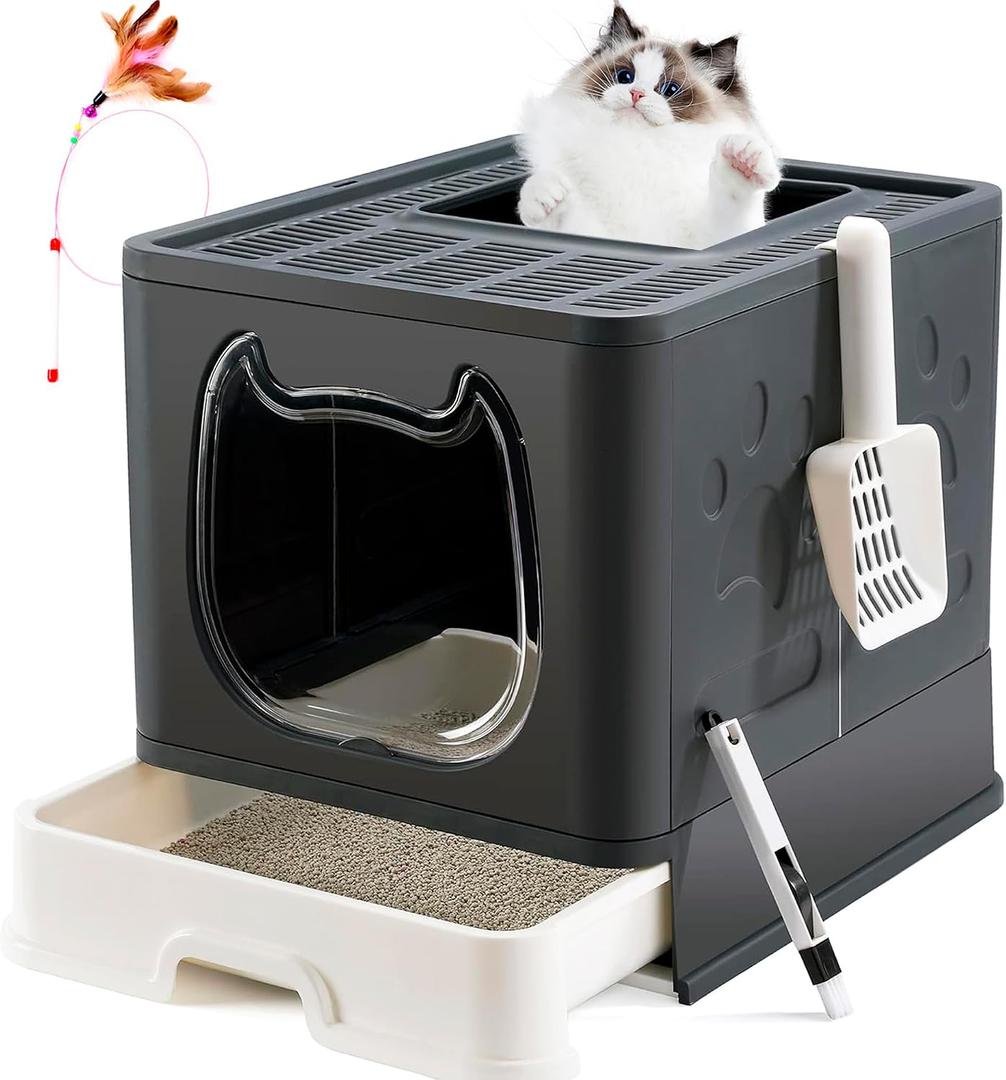 Gefryco Cat Litter Box with Lid, Top Entry Kitten Litter Box with Controlled Access, Covered Enclosed Cat Potty Odor Control for Small to Medium Cats, Scoop and Clean Brush Included (Black)