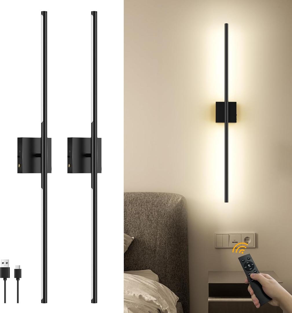 Modern Wall Sconce Set of 2, Battery Operated, Rechargeable Wall Light with Remote Control, 3000K-6500K Adjustable, 35" Dimmable LED Linear Picture Light for Living Room, Bedroom, Black