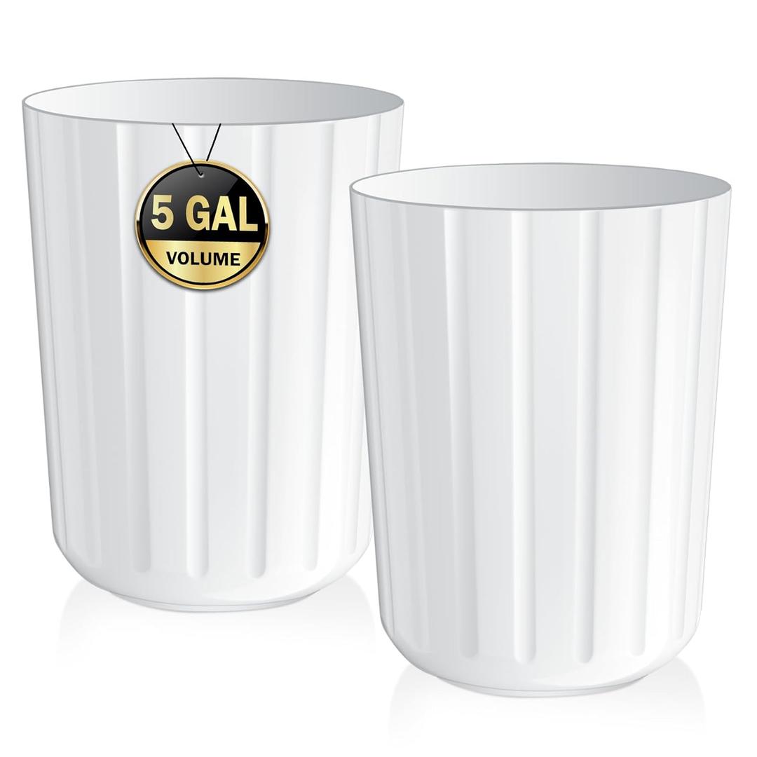 2Pack 5 Gallon White Plastic Trash Can – Round Wastebasket Garbage Bin for Bathroom, Kitchen, Office, Bedroom, Dorm –Durable & Easy to Clean