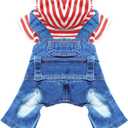 Small Dog Hoodie Clothes Cute Stripe Shirts Denim Jumpsuit One-Piece Outfit for Small Medium Dogs Cats Boy Girl Chihuahua Blue Jeans Overalls Puppy Costume (Red,Small)