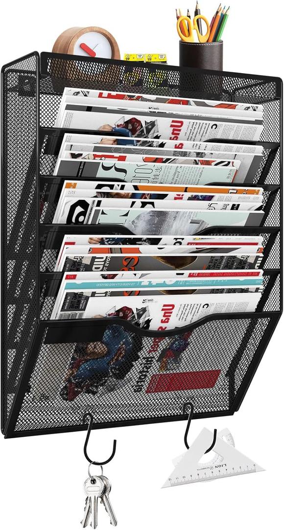 6 Tier Wall File Organizer Hanging Vertical File Organizer, Wall Mounted Mail Paper Document Folder Holder, Mesh Magazine Rack Mail Document Organizer for Office School Home(Black)