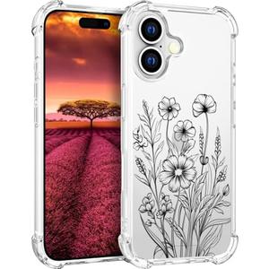 Topgraph Compatible with iPhone 16 Plus Case Designer Cute Clear for Women,Transparent Silicone Phone Cover Cases Design (Black Flowers Line Art)