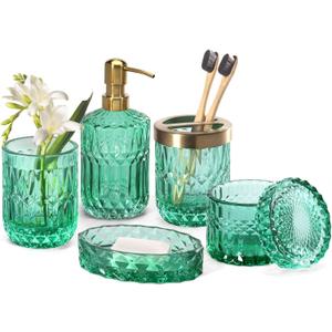 EMPO 6PCS Bathroom Clear Glass Accessories Set (Lotion Soap Dispenser, Soap Dish, Toothbrush Holder, Tumbler, Cotton Swab Jar), Contemporary Modern Decor Crystal Vintage Gift (6pcs Vintage Jade)