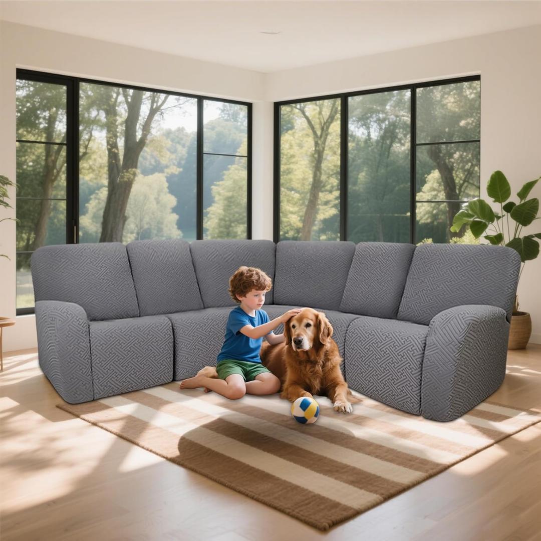 ROFASVCO 100% Waterproof Sectional Recliner Couch Covers for Reclining Couch L Shaped Corner Sectional Sofa Cover Jacquard Stretch L Shape Recliner Slipcovers (5 Seater 1 Console Cover, Middle Gray)