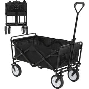Folding Wagon Cart Portable Collapsible Beach Wagon Cart Outdoor Sports Wagon Camping Wagon Heavy Duty Utility Cart with Adjustable Handle for Grocery, Garden, Beach, Sport, Shop, Camping(Black)