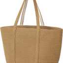 Straw Bag, Beach Bag Straw Beach Bags for Women Foldable Packable Beach Tote Lightweight Large Shoulder Handbags (Khaki)