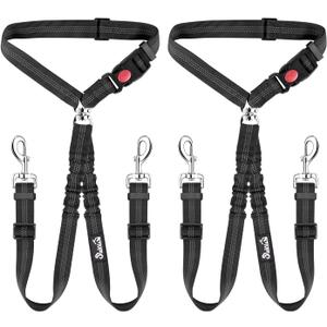Lukovee Double Dog Seat Belt, New Dual Pet Car Headrest Restraint Safety Seatbelt No Tangle Dog Leash Duty Adjust Elastic Bungee Puppy Lead Splitter Connect Harness in Vehicle Travel,Black,2 Pcs