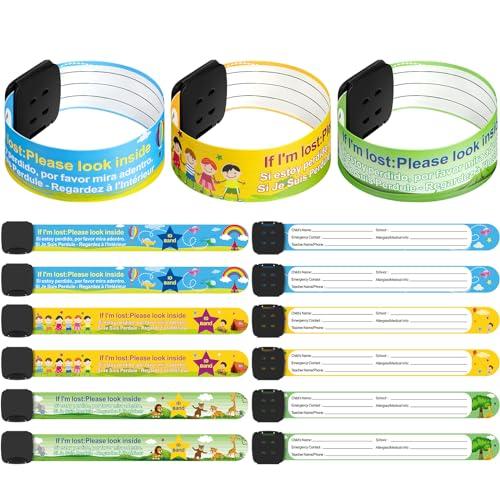 Blosssound 12 Pcs Kids ID Bracelets Safety Identification Wristband Reusable Child Waterproof ID Band Adjustable Anti Lost Wristband for Boys and Girls Travel Outdoor Activities