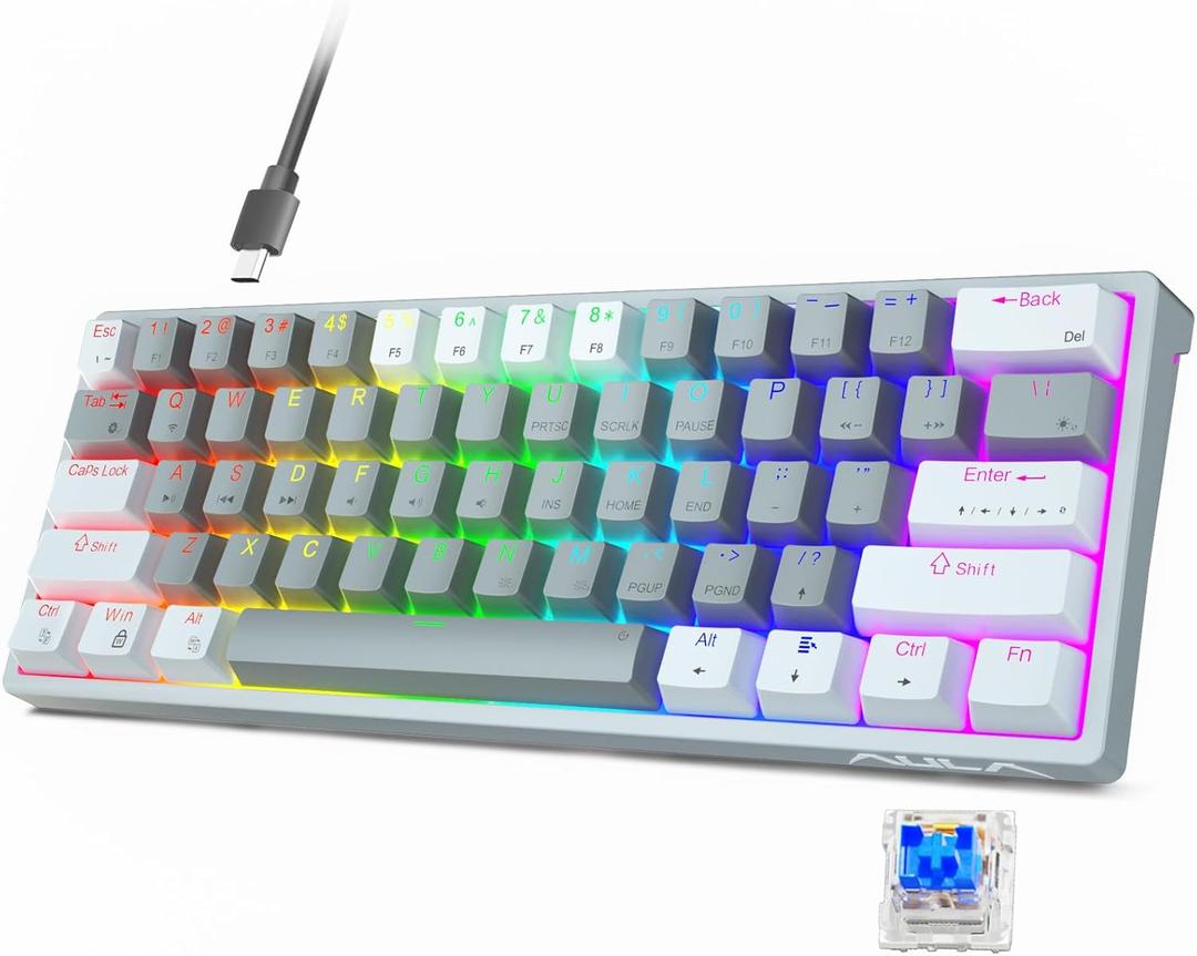 AULA 60 Percent Wired Mechanical Gaming Keyboard, 29 RGB Backlit Custom Hot Swappable Keyboards, Blue Switch 60% Mini Small Compact Design for PC/Mac/Laptop/Wins(Wired Version) (White Grey)