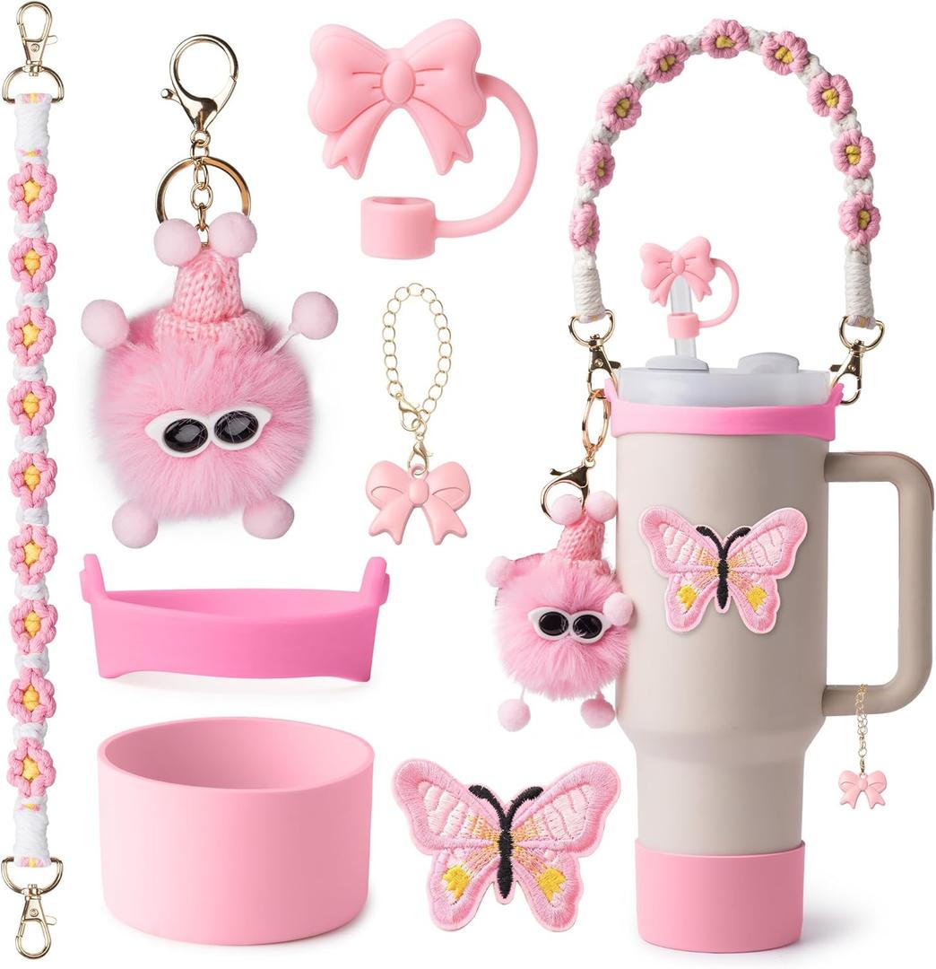 Stanley Cup Accessories Set I Water Bottle Handle Strap, Silicone Cup Boot, Lipstick Holder, Keychain Charms & Handle Charms,Straw Topper Accessories for Stanley Cups 40oz/30oz (Rose Quartz)