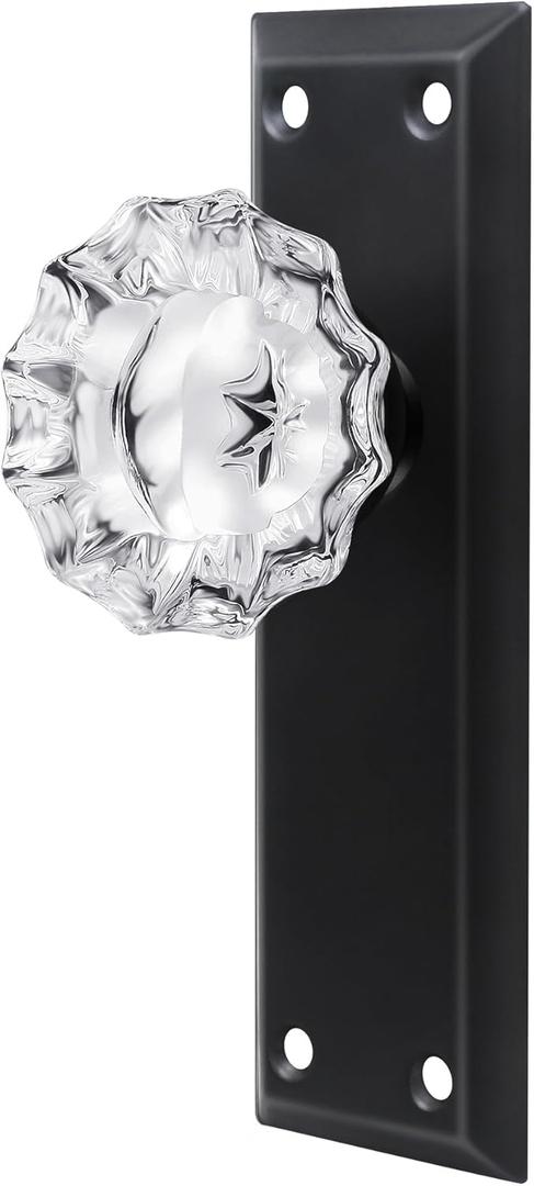 2 Pack Matte Black Single Sided Crystal Dummy Door Knobs Interior, Vintage Glass Dummy Door Knobs with Long Plate