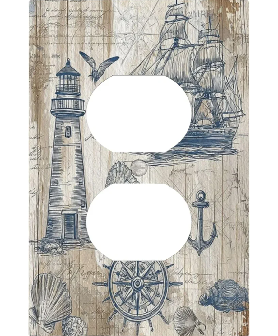 Outlet Covers Nautical Lighthouse Wood Decorative 1 Gang Duplex Light Switch Cover Plate Receptacle Wall Plate Electrical Compass Anchor Sailboat Switch Plate Covers for Bedroom Decor 1-Gang Duplex Outlet/5 x 3 IN