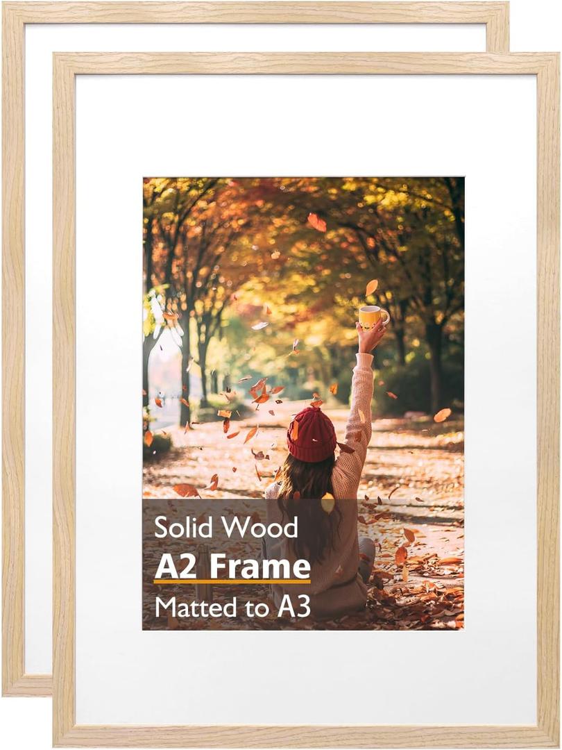 KINLINK A2 Picture Frames Natural, Solid Wood Frames with Acrylic Plexiglass 16.5 x 23.5 Frame for Pictures A3 with Mat or A2 without Mat Wall Mounting Display, Set of 2