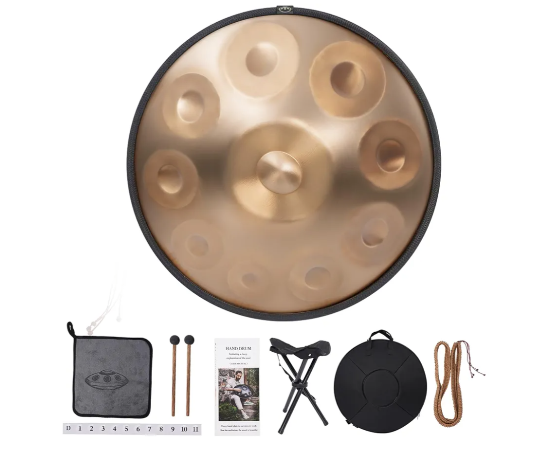 Handpan Drum 440Hz 10 Notes Hand Drum Instrument, 22 Inches D Minor Kurd Premium Stainless Steel Handpan Instrument for Adults Professional Tuning Hand pan (Gold) (Missing Belt)