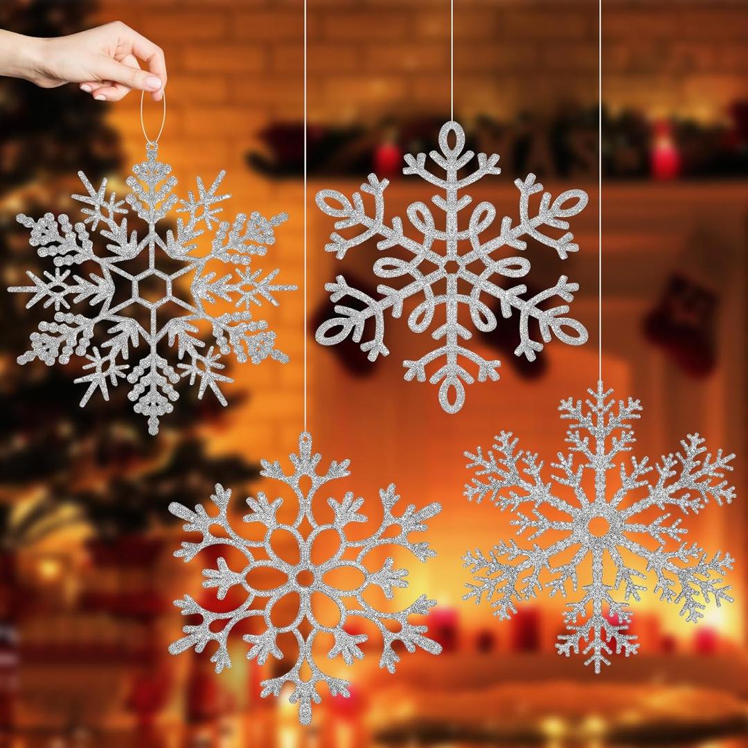 Large Snowflakes Ornament AORZIT 12 Inch Oversized Christmas Ornaments Glitter Giant Hanging Snowflakes Decor for Christmas Tree Winter Indoor Outdoor Xmas New Year Party 4Pcs, Silver