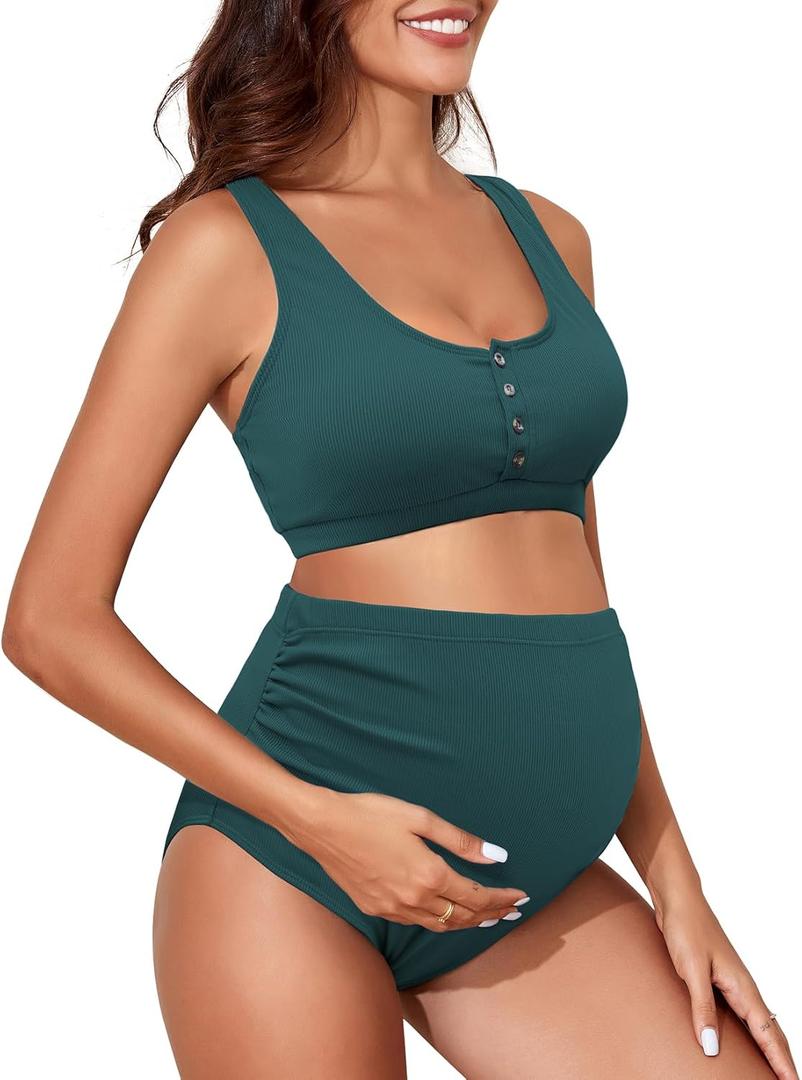 Century Star Maternity Swimsuit High Waist Ribbed Two Piece Bikini Set Bathing Suit for Women Pregnancy Swimwear (Medium, Dark Green)