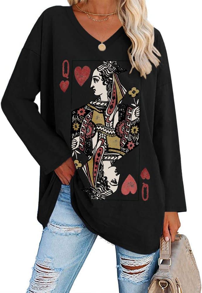 Fazortev Womens Oversized Long Sleeve Queen Of Hearts Graphic T Shirts V Neck Casual Loose Fit Tees Tunic Tops (X-Large, Black)