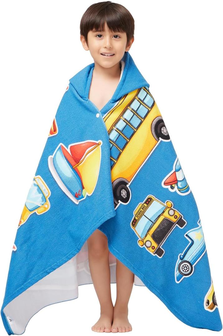 Gealaek Hooded Towel for Toddlers 2-10 Years Boys Girls Kids Bath Pool Beach Towel Wrap Soft Absorbent Beach PonchoCars