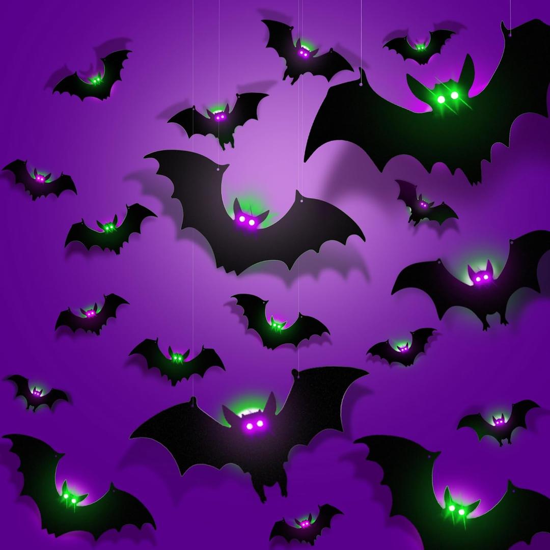 24 Pack Light Up Bats Halloween Decorations Window Stickers Wall Decals Purple Green LED Glow in The Dark Hanging Bat Decor for Trees Indoor Outdoor Home Garage Classroom Party