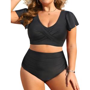 Daci Women Plus Size High Waisted Bikini Set - Two Piece Swimsuits Tummy Control Bathing Suit Ruched Bottom 2025 (Black, XL)
