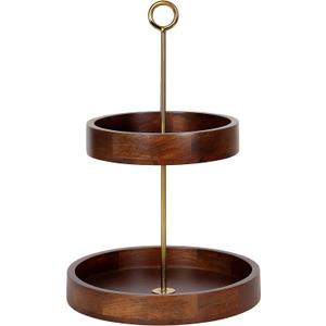 Kate and Laurel Lipton Modern Two Tier Tray, 13 x 13 x 20, Walnut Brown and Gold, Glam Decorative Tray